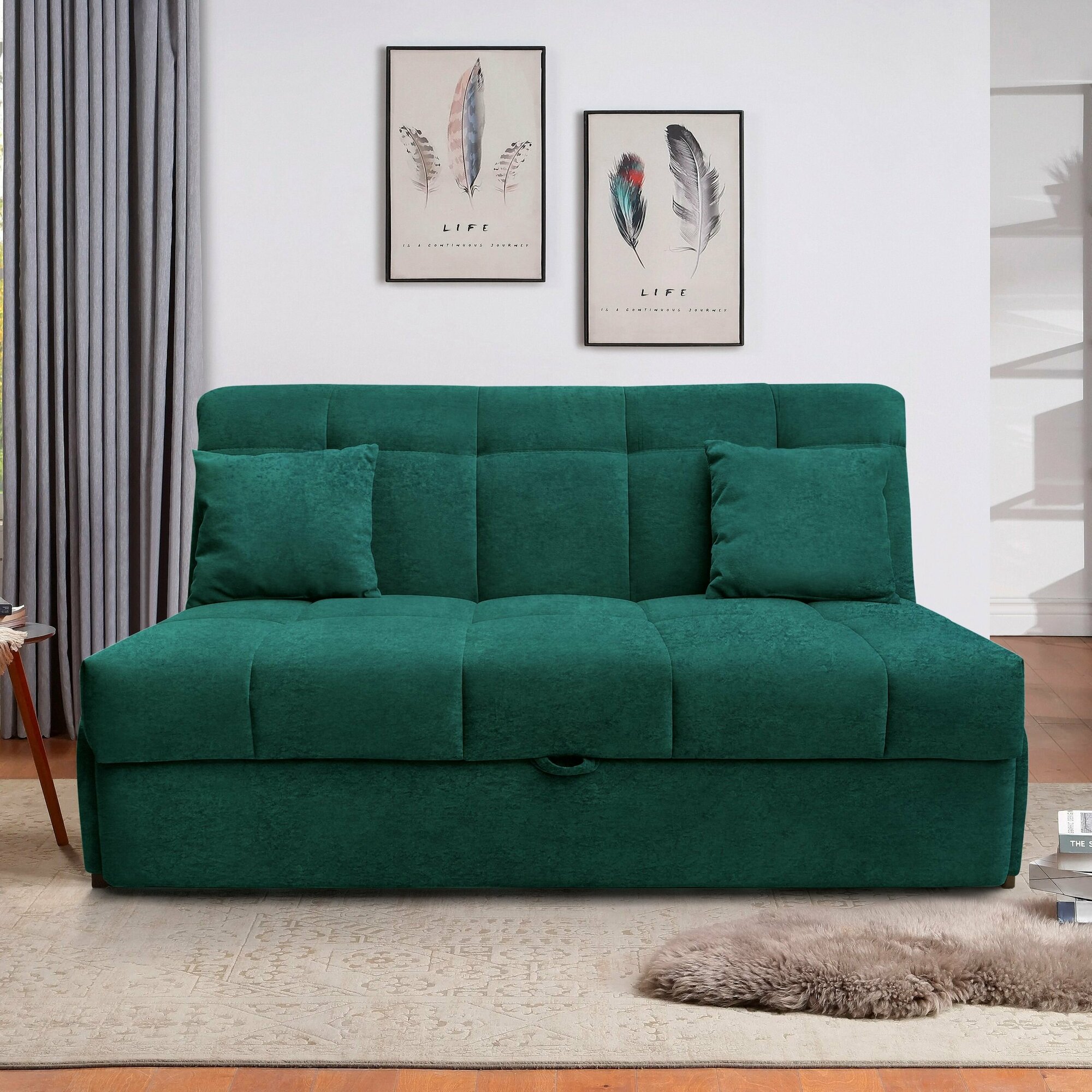 Пафос - диван-кровать Пафос (изумруд зеленый) с подушками для отдыха и сна, механизм аккордеон, без подлокотников, велюр, в прихожую, коридор, для балкона, дачи, детской, в зону ожидания офиса, салона - фотография № 1