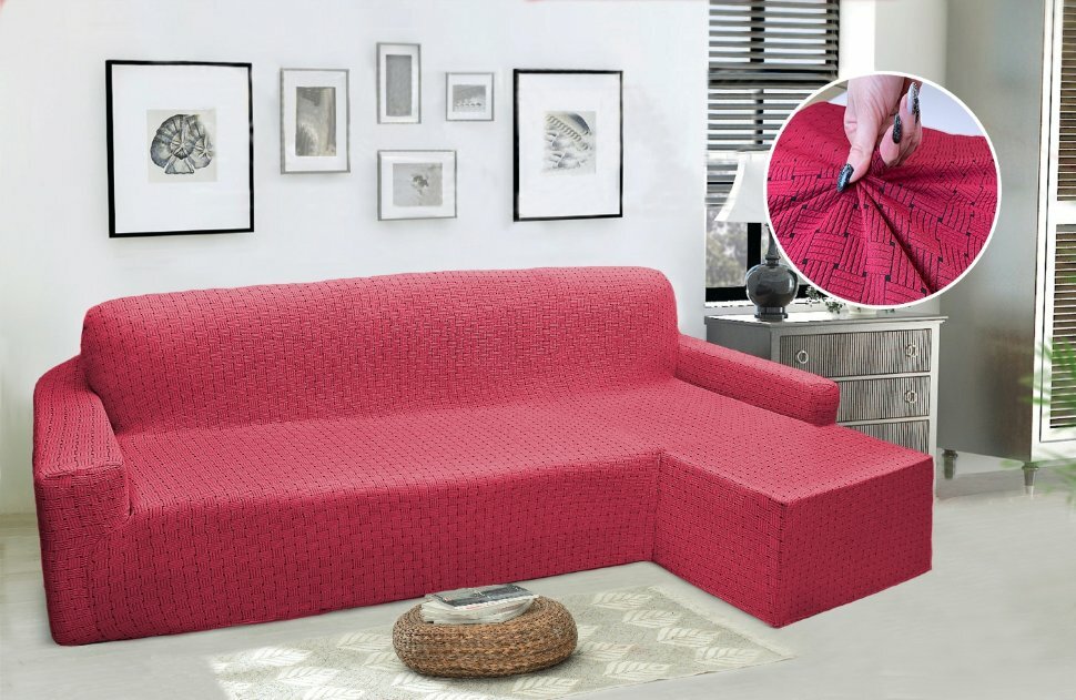 KARTEKS Чехол на угловой диван (правый угол) оттоманка Нелла цвет: бордовый (240 см)