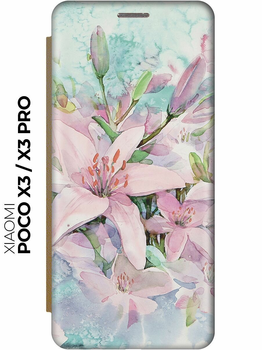 Чехол-книжка Нежные розовые цветы на Xiaomi Poco X3 / X3 Pro / Сяоми Поко Х3 / Х3 Про золотой