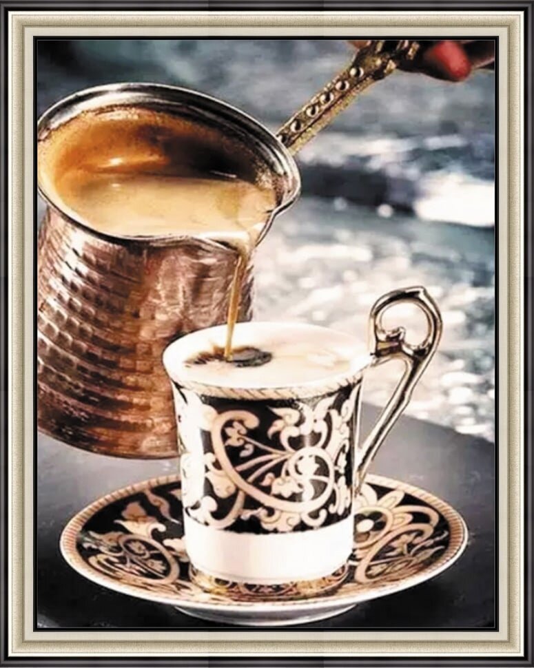 фото Алмазная мозаика 40 на 50 "Турецкий кофе" холст на подрамнике, круглые стразы, полная выкладка, натюрморт, турка, чашка кофе