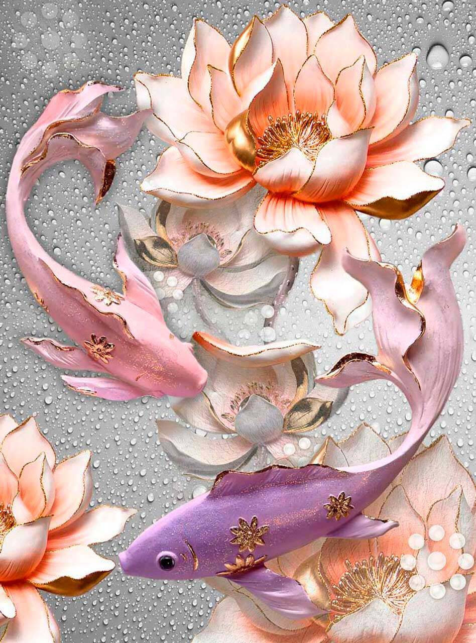 Фотообои Китайские рыбки с кувшинками 275x204 (ВхШ), бесшовные, флизелиновые, MasterFresok арт 7-903