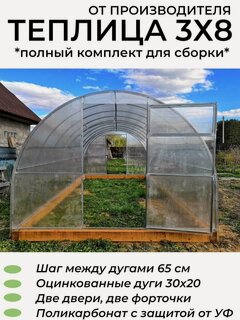 Изображение товара Теплица Арочная (Поликарбонат в комплекте), оцинкованный каркас дуги из профиля 30*20 мм, полный комплект для сборки/ 3х8х2.02 м, шаг 65 см