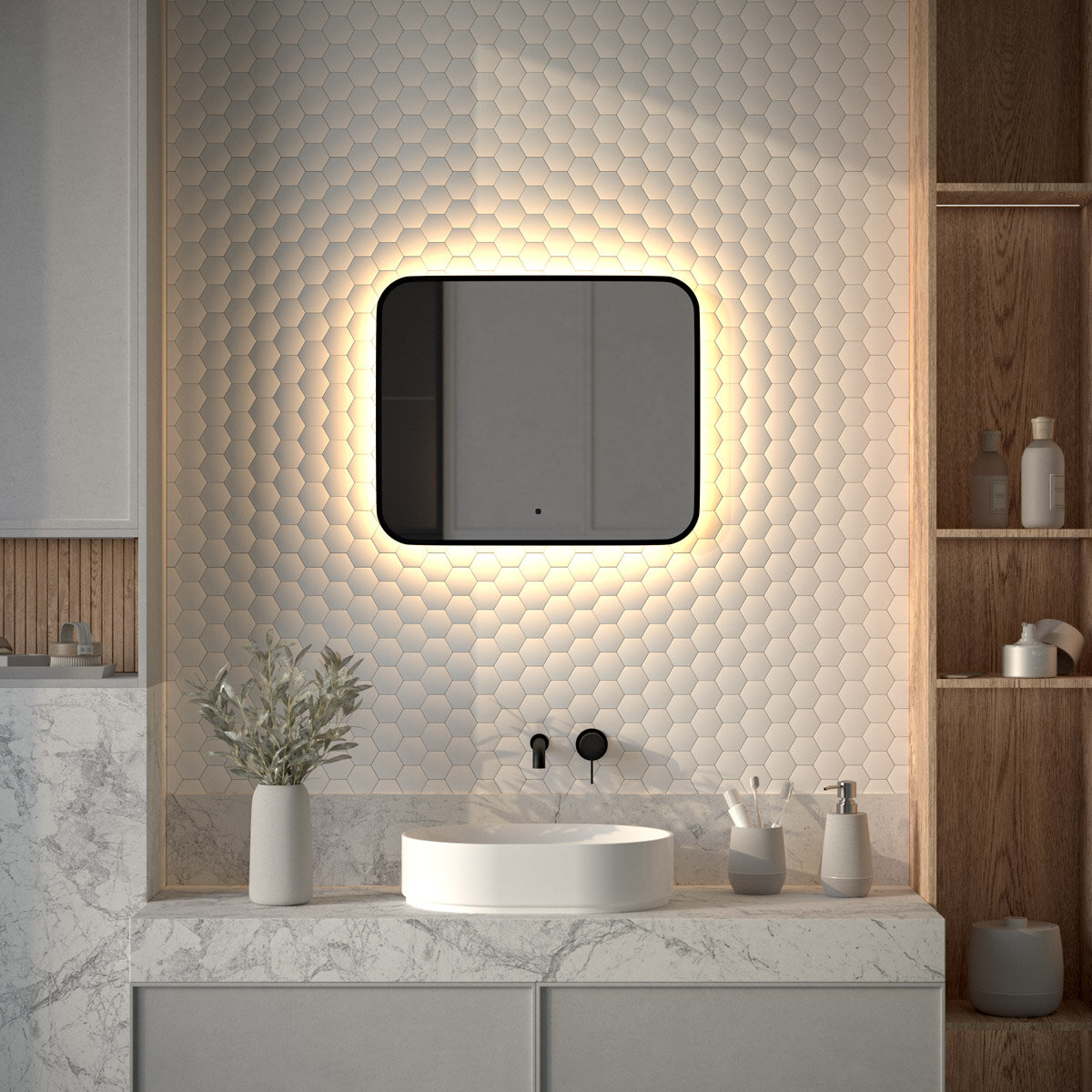 Зеркало с окантовкой и LED-подсветкой настенное AURA DEFESTO 60x50 см (ИК - выключатель) для гостиной прихожей спальни кабинета и ванной комнаты DF 2973RH