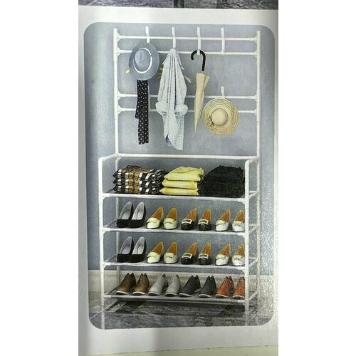 Стойка-стеллаж для одежды и обуви 4 яруса полок 2 яруса крючков размер 171 х 60 х 27 см Стеллаж складной в прихожую цвет микс 965₽