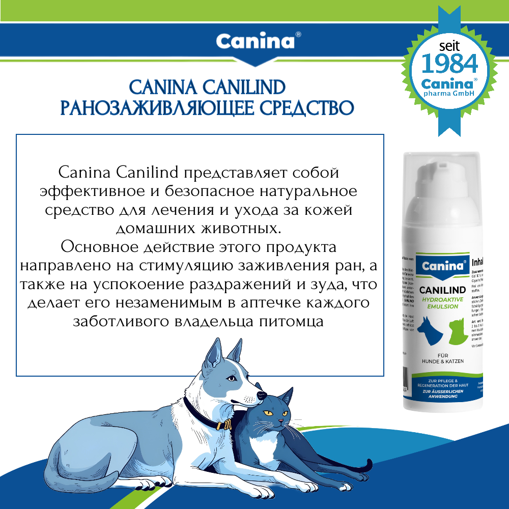 Картинки Средство Canina Canilind для ухода за кожей и стимуляции ранозаживления для домашних животных кошек и собак, от царапин, ссадин, ран, ожогов, при трещинах и зуде на коже, 50 мл.