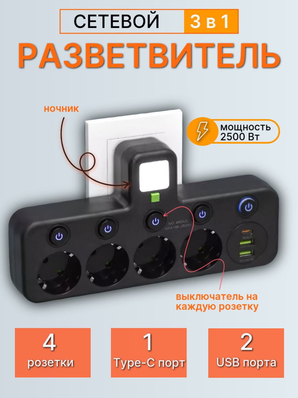 Сетевой разветвитель с функцией ночник, 2 USB и 1 Type-C порт, мощность 2500 ВТ, черный, 4 розетки