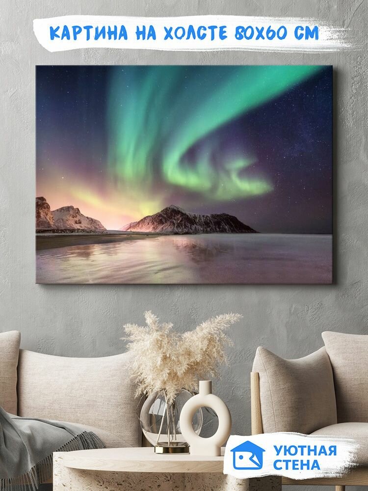 Картина на натуральном холсте Уютная стена "Удивительное полярное сияние" 80х60 см