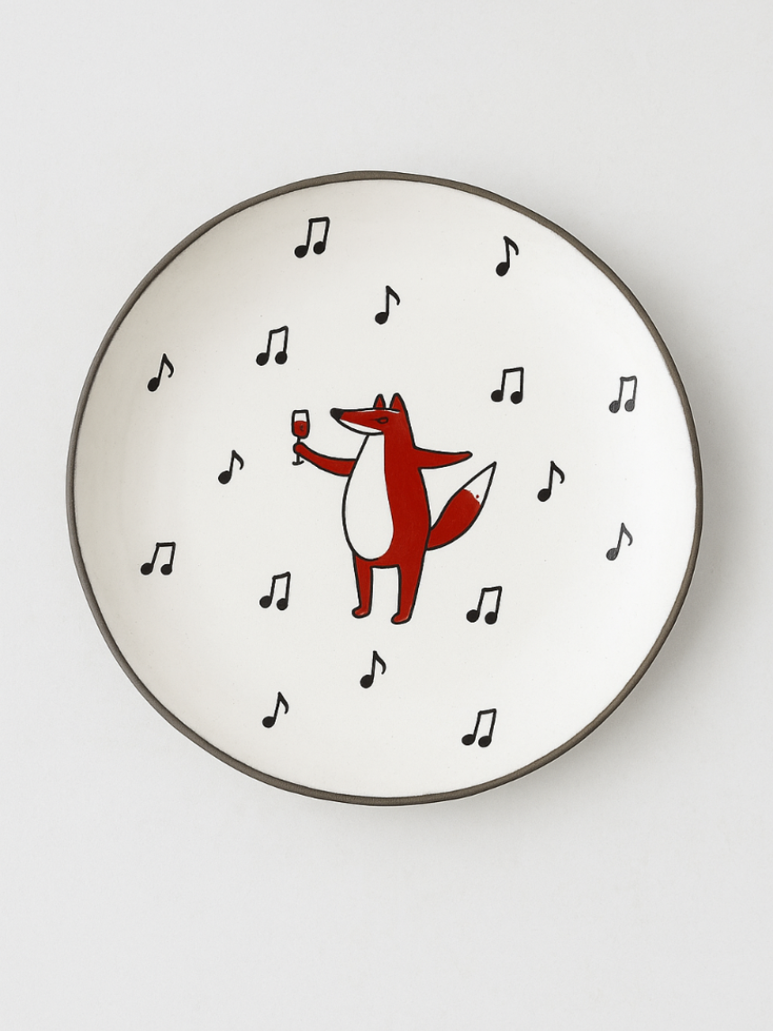 Тарелка ручной работы с бортиком Лис и ноты, белая, 17 см