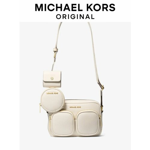 фото Сумка кросс-боди michael kors jet set travel medium leather messenger bag, фактура зернистая, молочный