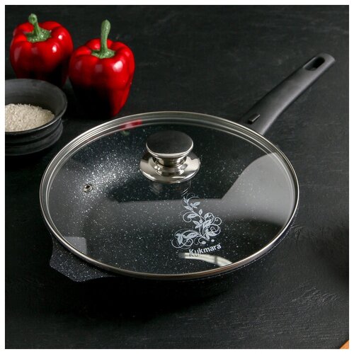 фото Сковорода 24 см со съёмной ручкой, стеклянная крышка, ап, тёмный мрамор kukmara