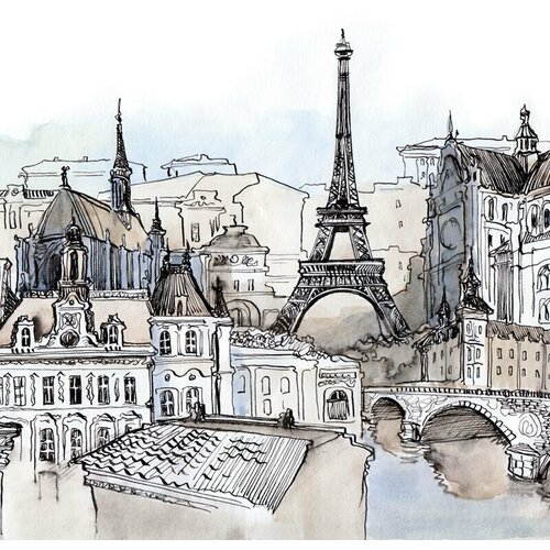Моющиеся виниловые фотообои GrandPiK Акварель Франция Париж Эйфелева башня, 250х260 см