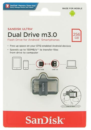 Флеш накопитель 256GB SanDisk Ultra Android Dual Drive OTG m3.0/USB 3.0 Black