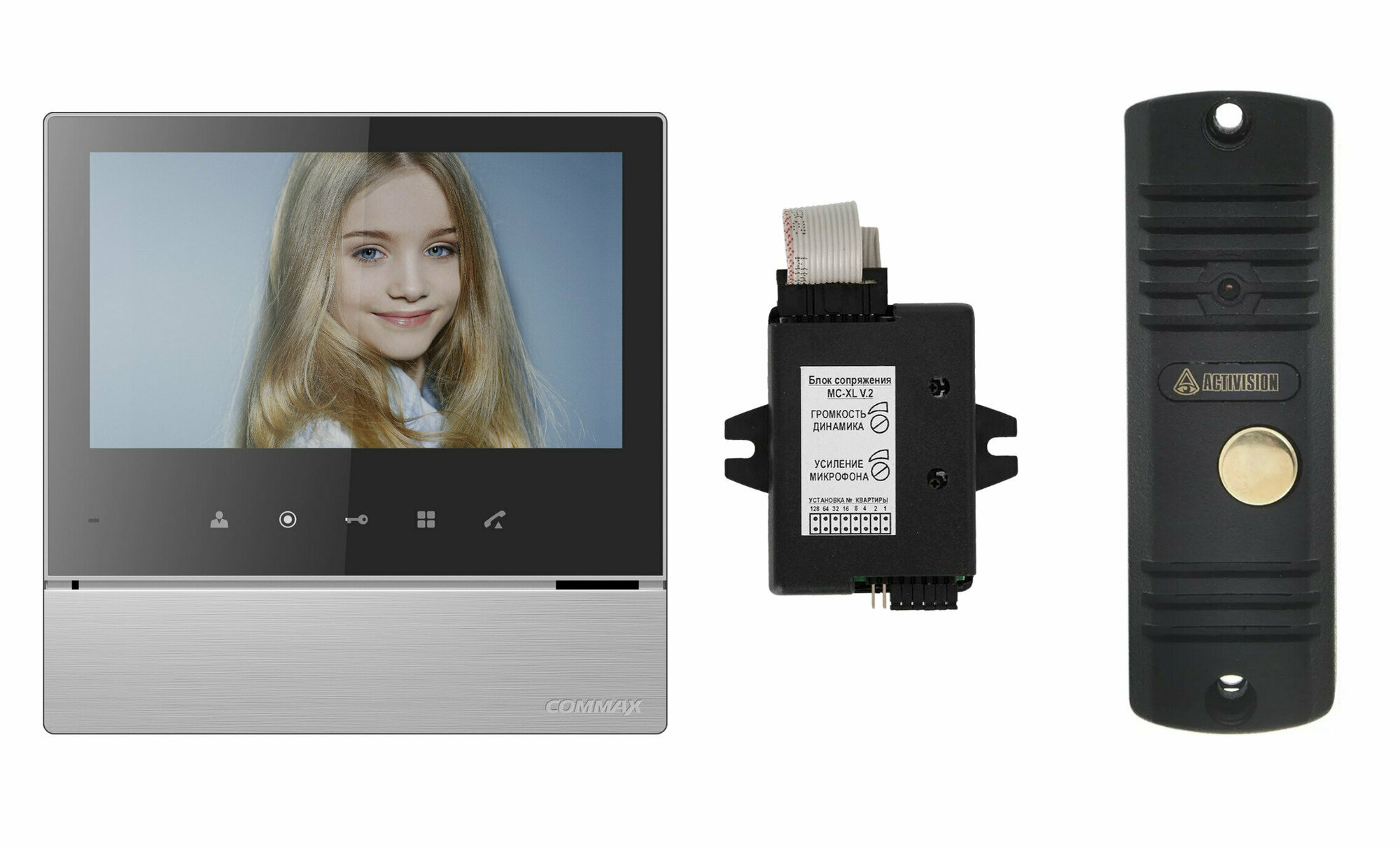 Комплект видеодомофона и вызывной панели COMMAX CDV-70H2 (Белый Black Smog) / AVC 305 (Черная) + Модуль XL Для цифрового подъездного домофона