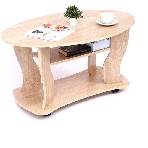 Журнальный стол TAVOLINO, приставной столик, овальный на колесиках, дуб сонома, 98х60х53 см, VERAMENTE