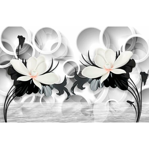 Моющиеся виниловые фотообои Цветы у воды черно-белое 3D, 400х260 см