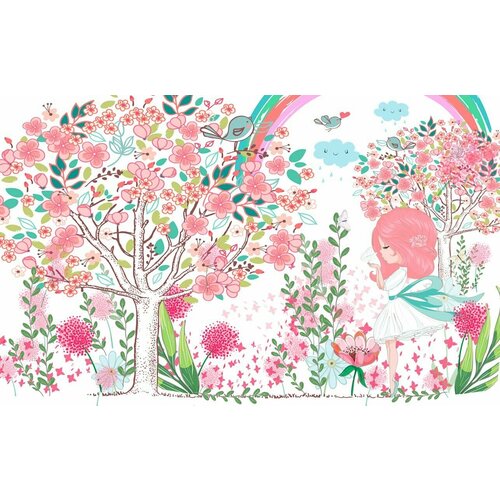 Моющиеся виниловые фотообои Рисунок. Девочка и цветущие деревья, 450х280 см