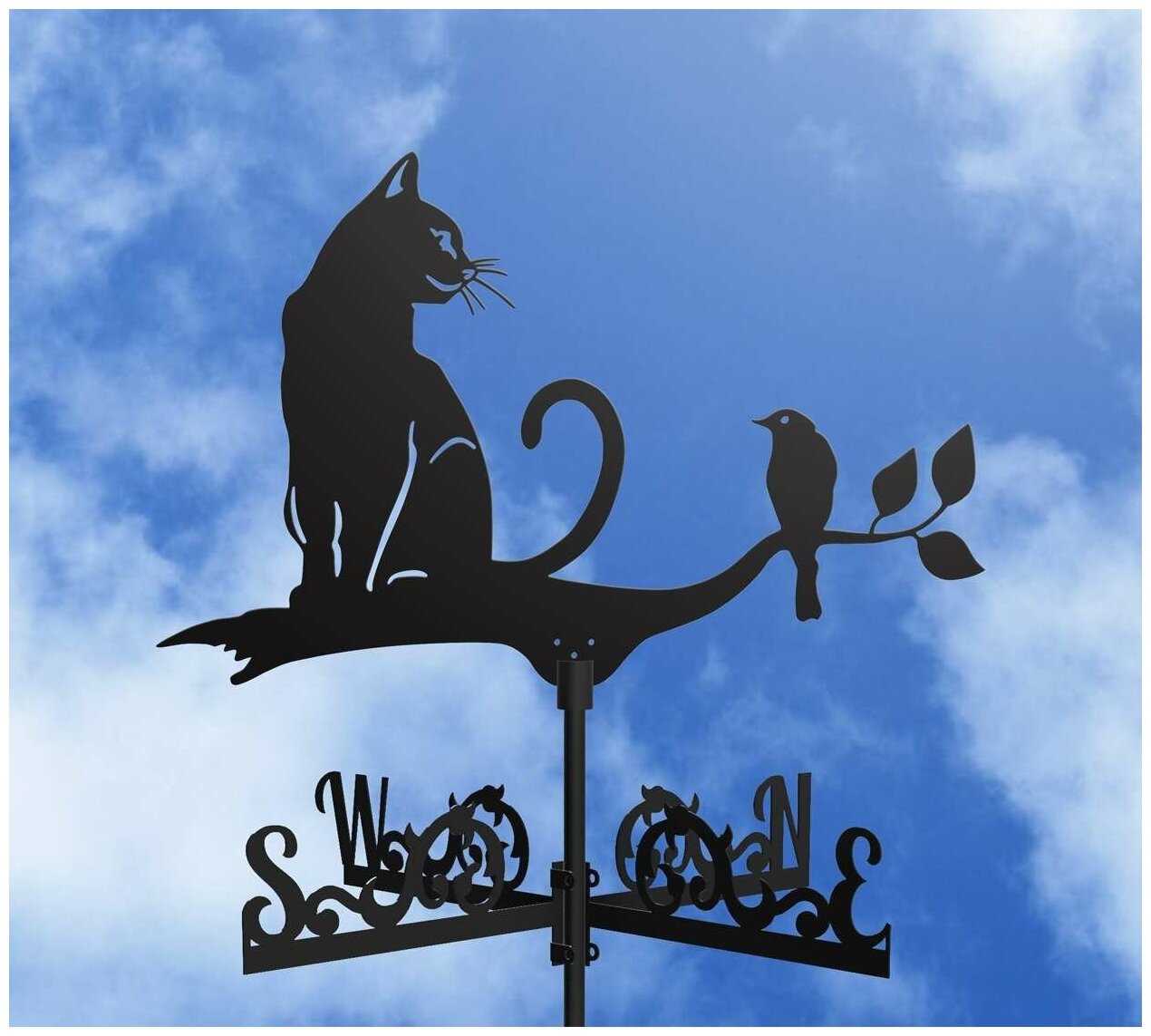 Флюгер на крышу от Arno Decor "Кот и птичка", средний: 60*41 см, черный
