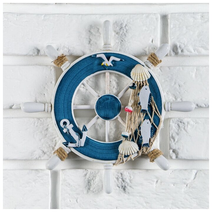 Декор интерьерный Штурвал на стену бело-синий 23 х 23 х 15 см