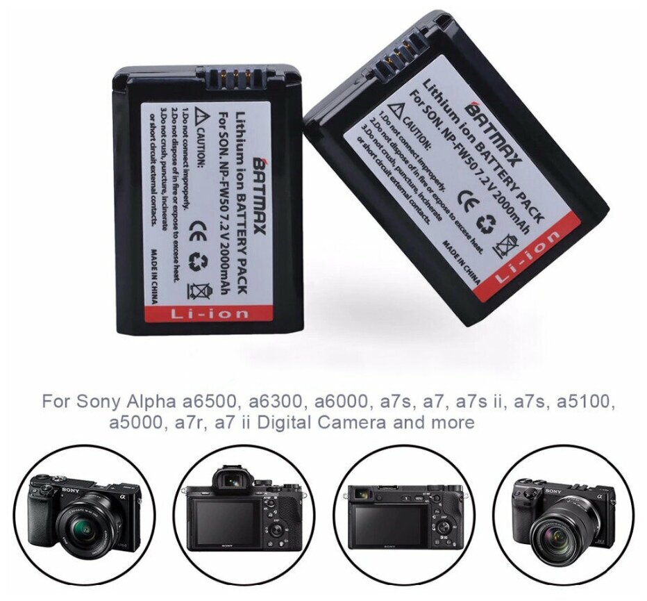 Аккумулятор NP-FW50 ABC для Sony Alpha a6500 a6300 a6000 a5000 a3000 NEX-3 a7R a7S NEX-7 2000mAh 7.2V