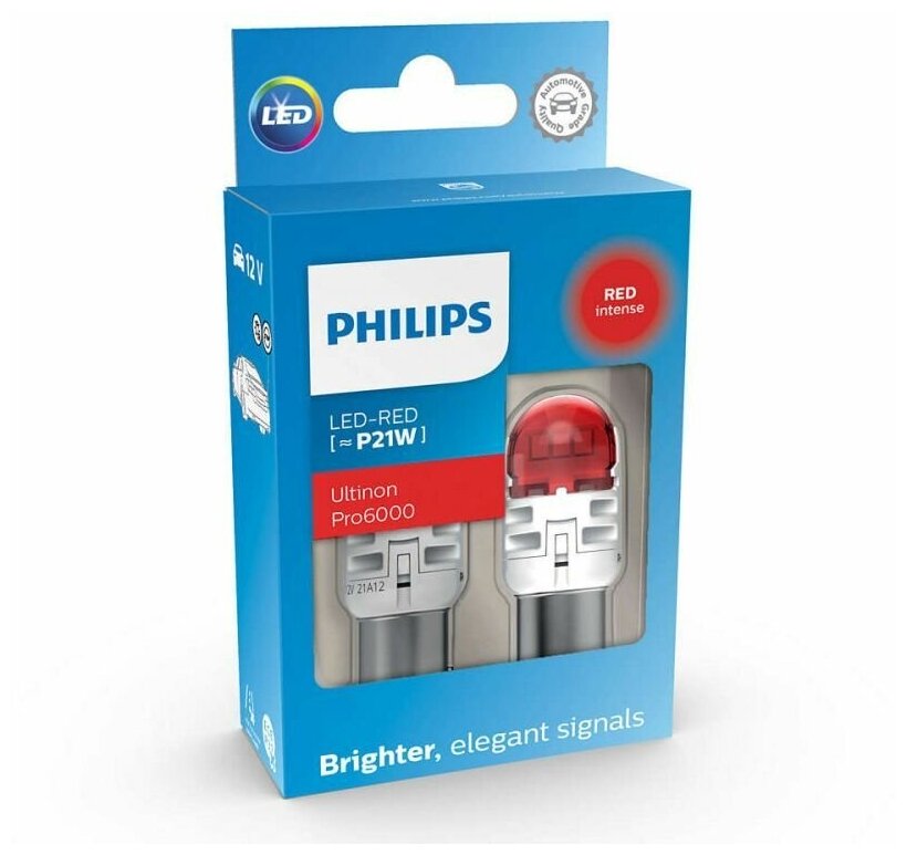 Лампа автомобильная PHILIPS P21W (BA15S) LED Red Ultinon Pro6000 75лм 12V, 2шт