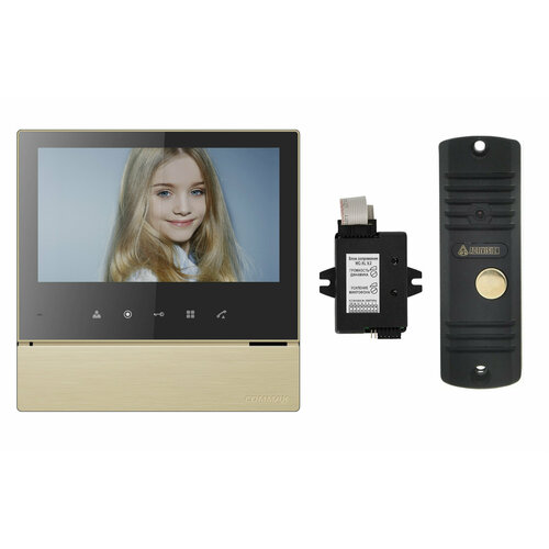Комплект видеодомофона и вызывной панели COMMAX CDV-70H2 (Золото Black Smog) / AVC 305 (Черная) + Модуль XL Для цифрового подъездного домофона