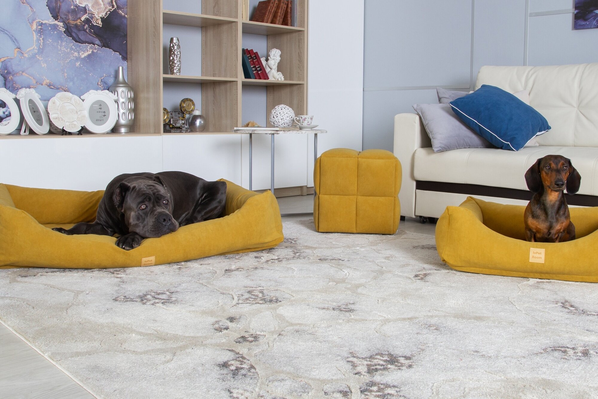 Лежанка для собак и кошек со съемным чехлом IvPetRoom Comfort S 60x50 микровелюр горчичный - фотография № 8