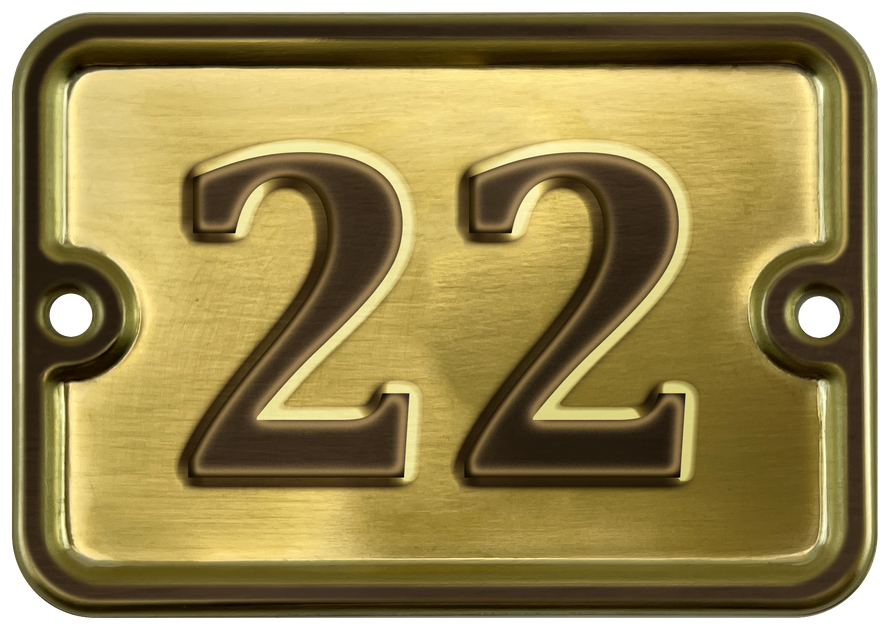 Номер на дверь "22", самоклеющийся, 8х10 см., из латуни, лакированный. Все цифры в наличии.