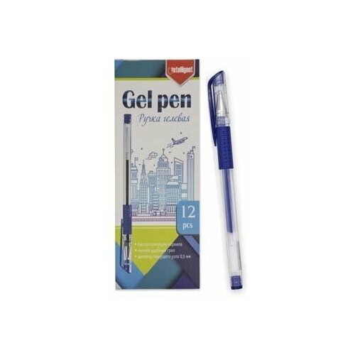 Ручка гелевая синяя с грипом INTELLIGENT, 0,5 мм прозрачный корпус, 12 шт