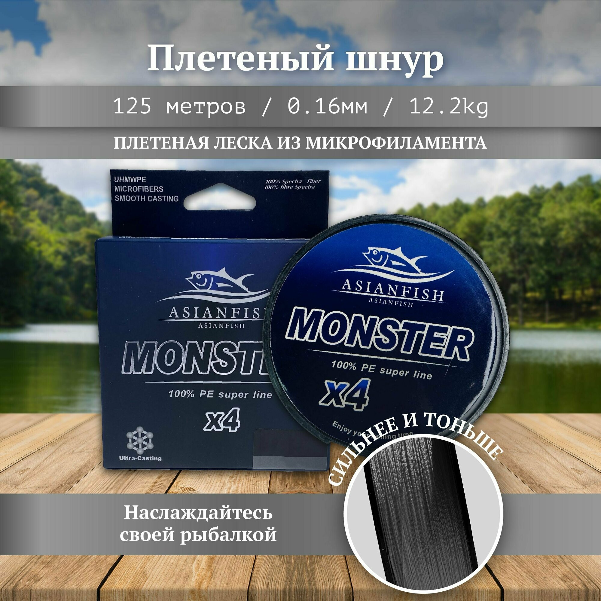 Плетеный шнур леска для рыбалки серая MONSTER 125 м, диаметр 0.16 мм