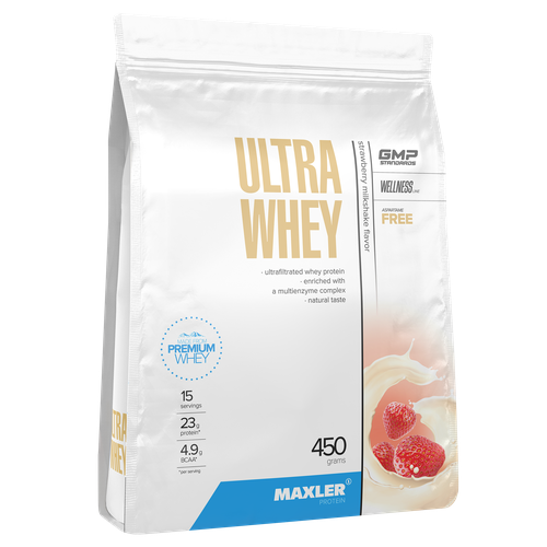 Протеин Maxler Ultra Whey, 450 гр., клубничный молочный коктейль сывороточный протеин ultra whey 750г солёная карамель