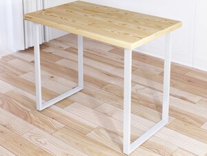Стол кухонный Loft со столешницей без шлифовки и покрытия из массива сосны 40 мм и белыми металлическими ножками, 100х60х75 см