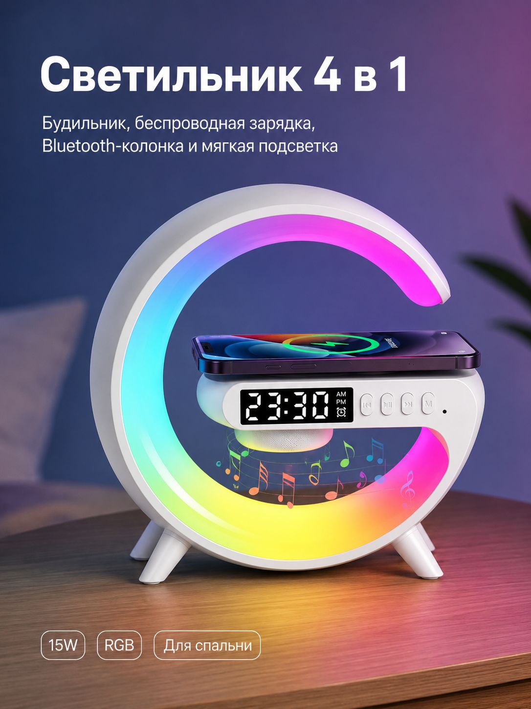 Настольный светильник 4 в 1 с беспроводной зарядкой 15 Вт, Bluetooth-колонкой, будильником и RGB-подсветкой