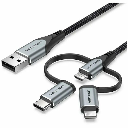 Кабель Vention 3 в 1 USB 2.0 AM/ Micro-B, USB-C, Lightning M - 1м. Черный Vention CQJHF