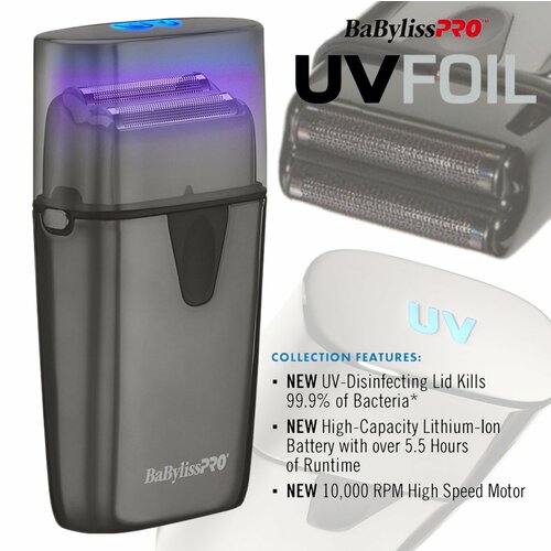 Профессиональный шейвер BaByliss Double Foil Metal Shaver с UV-дезинфекцией, мощный мотор, 10000об/мин, до 5,5ч работы, 2 плавающие сетки