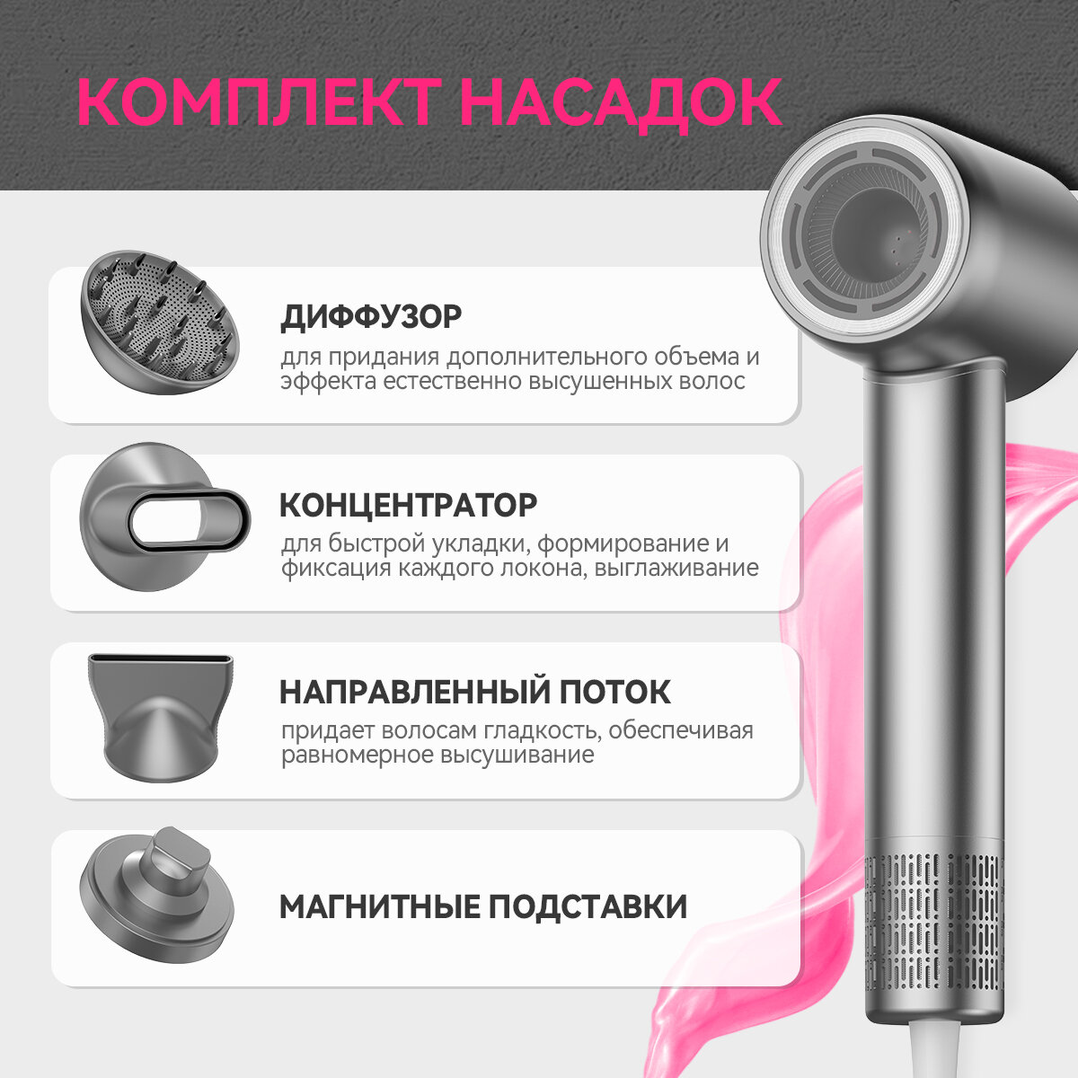 Высокоскоростной фен для волос профессиональный KaringBee HS02, серый — фото 1