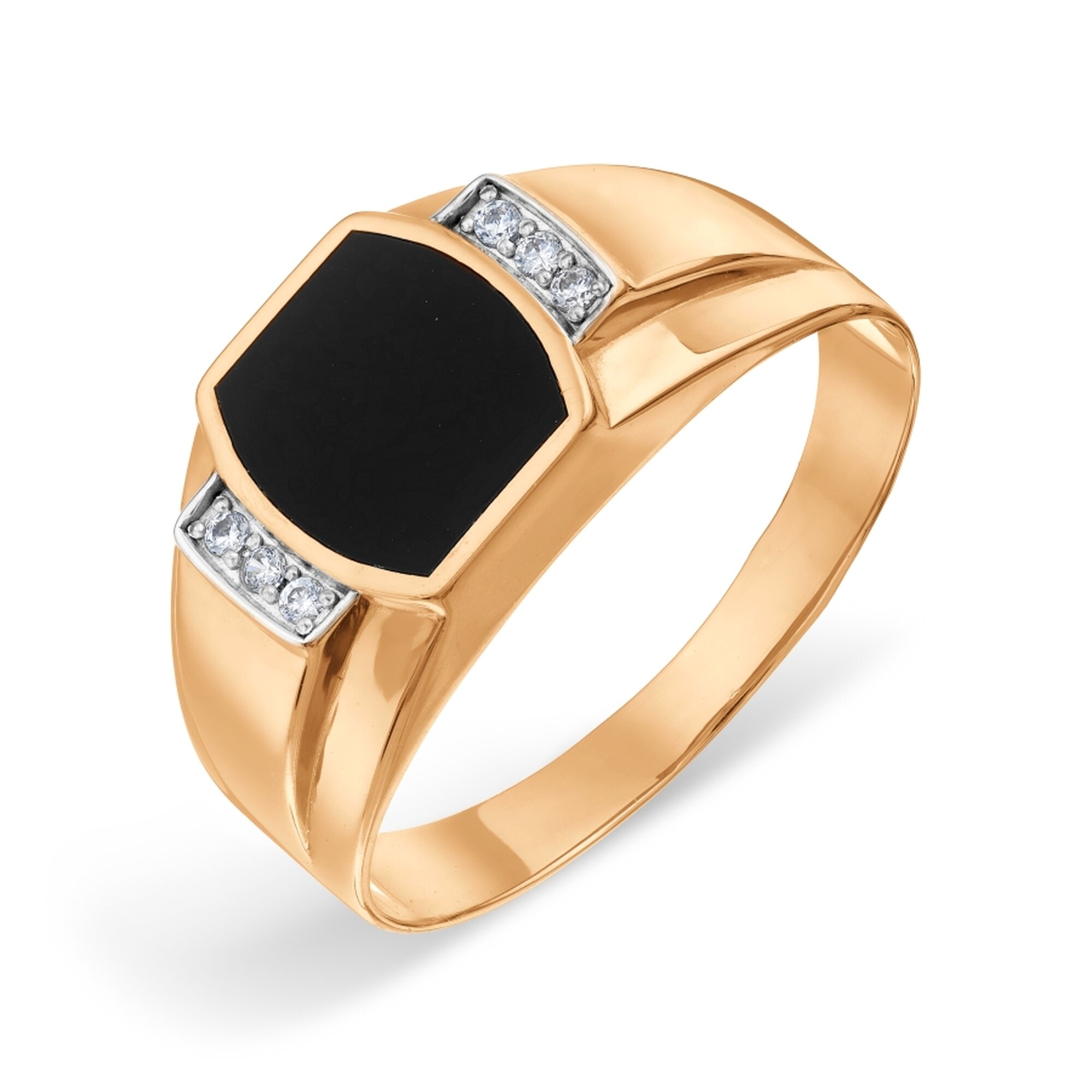Печатка Diamant online, красное золото, 585 проба, фианит, эмаль, размер 19, прозрачный/черный