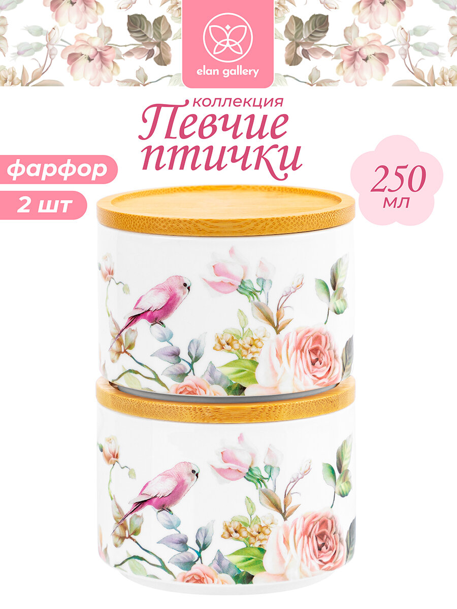 Банка для хранения сыпучих продуктов, специй 2шт 250мл Elan Gallery Певчие птички, с деревянной крышкой, набор