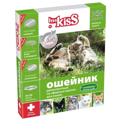 Ошейник репеллентный Ms.Kiss для кошек, цвет зеленый, 38 см ошейник репеллентный ms kiss для кошек цвет белый 38 см
