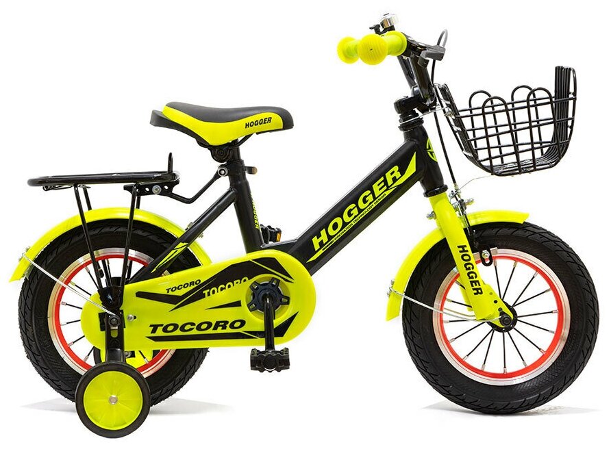 Велосипед 12 HOGGER TOCORO сталь ручной и ножной тормоз доп.колеса корзина черно-лимонный