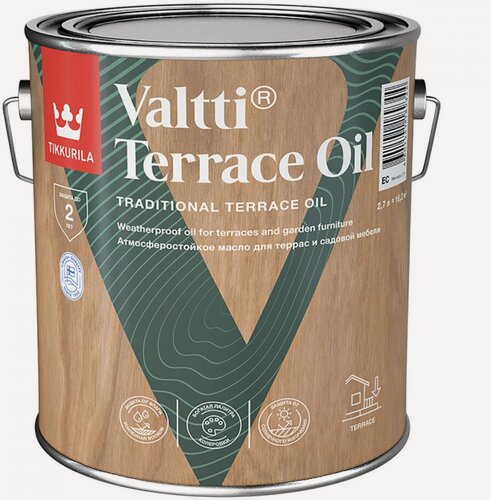 Изображение товара Масло TIKKURILA VALTTI TERRACE OIL для террас и садовой мебели, атмосферостойкое, колеруемое 2,7л