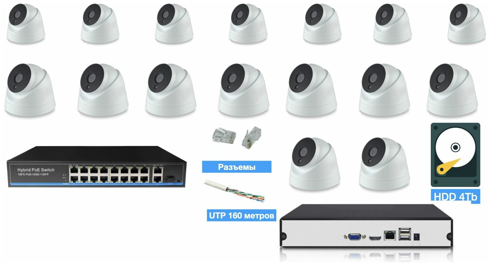 Полный IP POE комплект видеонаблюдения на 16 камер (KIT16IPPOE04M5B_HDD4TB_UTP