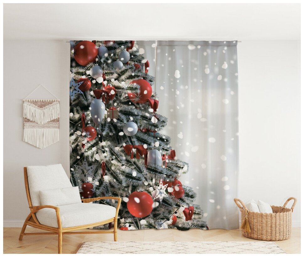 Фотошторы "Новогодняя елка 2" 1,45х2,6м, комплект 2шт, шторы для спальни, гостиной, кухни, в подарок на новый год