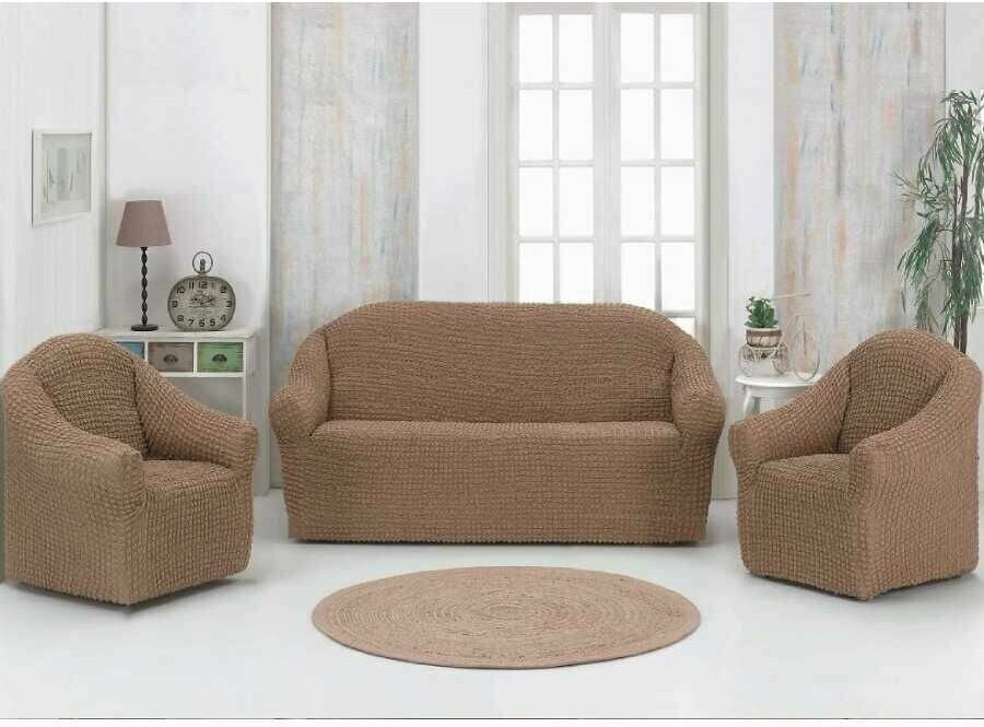 Комплект чехлов для мягкой мебели диван и 2 кресла без оборки / универсальный / на резинке