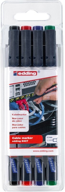 Набор маркеров перманентных edding 8407, для кабеля, круглый наконечник, 0.3 мм, 4 штуки 4 цвета