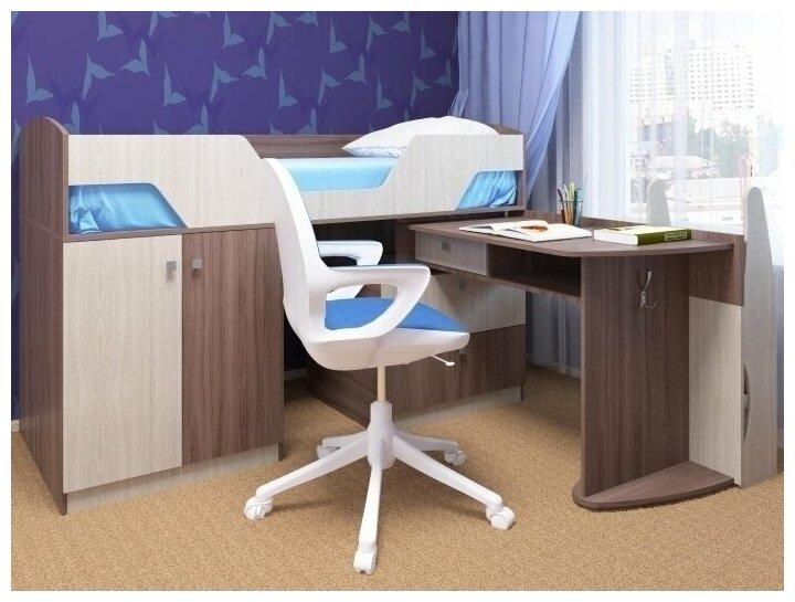 фото Кровать чердак со столом Лимбо 180*80 Дуб молочный/Лайм