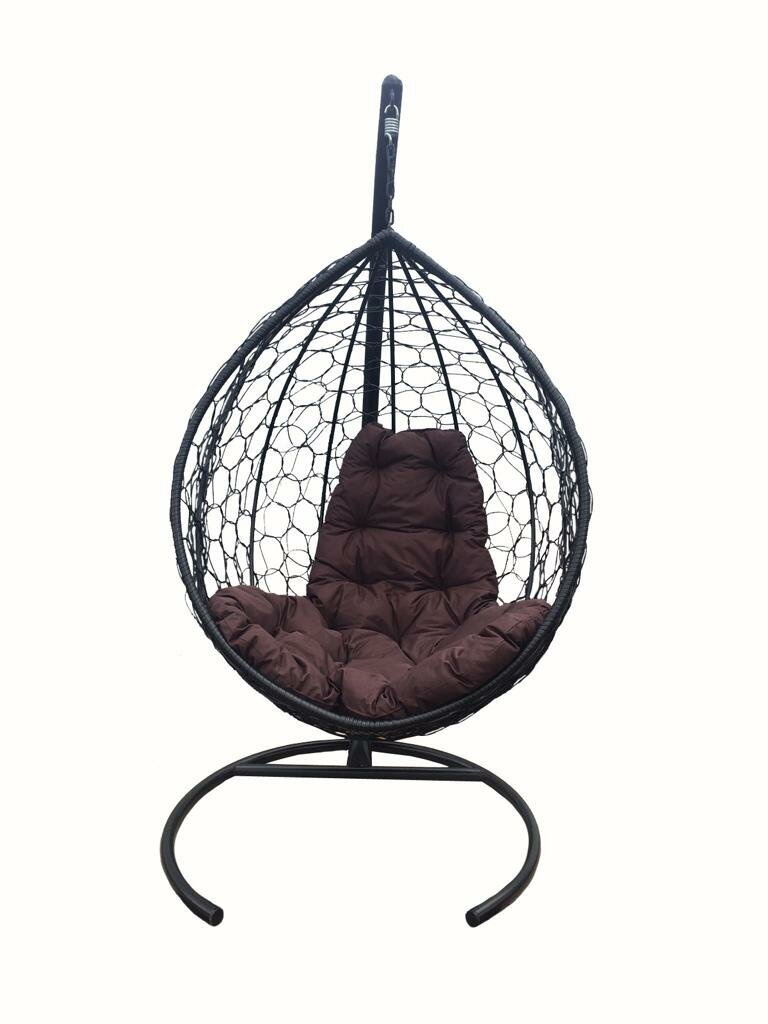 Подвесное кресло кокон с ротангом коричневое, подушка коричневая