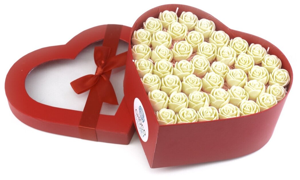 33 Шоколадные съедобные сладкие розы в форме сердца CHOCO STORY в Красной шляпной коробке с крышкой, Цвет: Белый Бельгийский шоколад, 396 гр. ZS33-K-B - фотография № 6