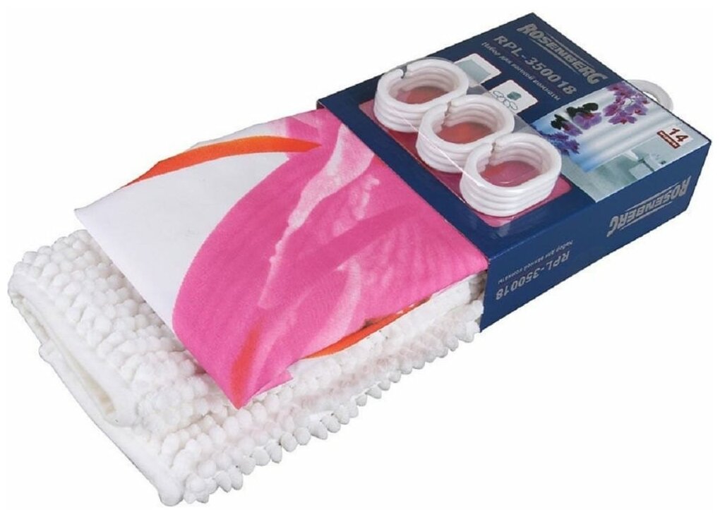 Набор для ванной комнаты: шторка и коврик цвет: белый/розовый
