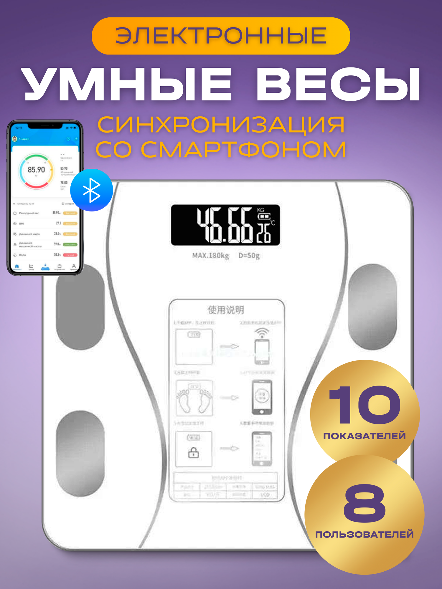 Напольные весы\Умные напольные электронные весы\ Весы Electronic personal scale белый матовый - фотография № 1