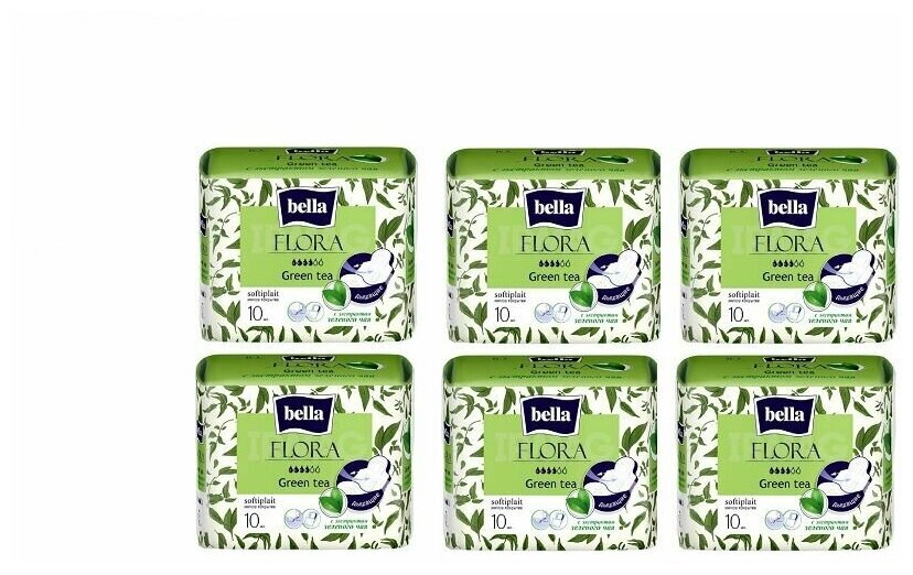 BELLA прокладки гигиенические FLORA Green tea , "С экстрактом зеленого чая", 10 шт/уп, 6 уп